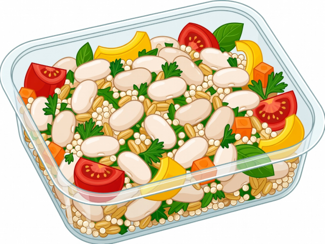 Flat illustration of a reusable bowl filled with white beans, grains and crisp vegetables