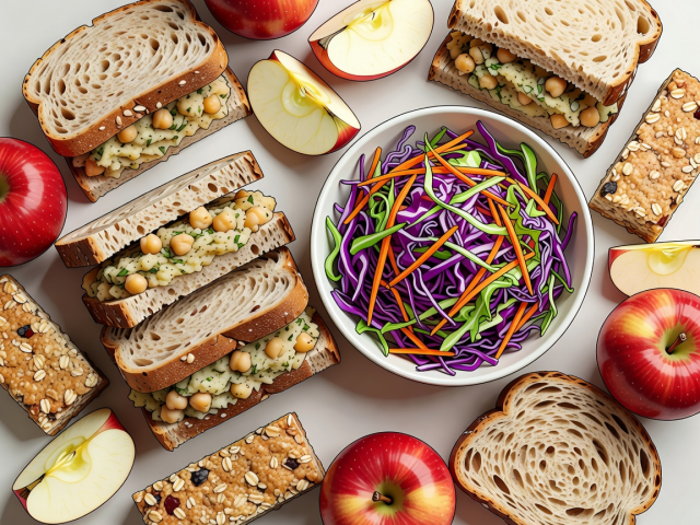 Flat illustration of chickpea sandwiches, cabbage salad, apples and oat bars