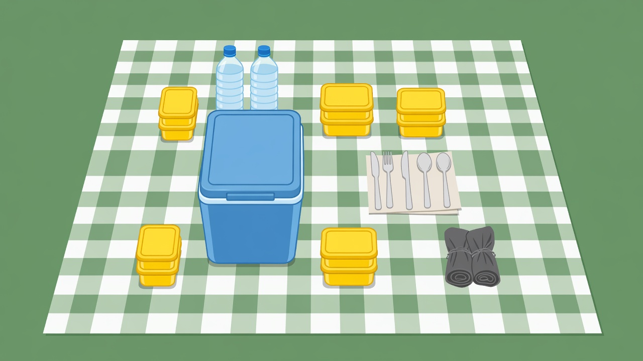 Flat illustration of a complete picnic layout with cooler, containers, water, blanket, cutlery and waste bags