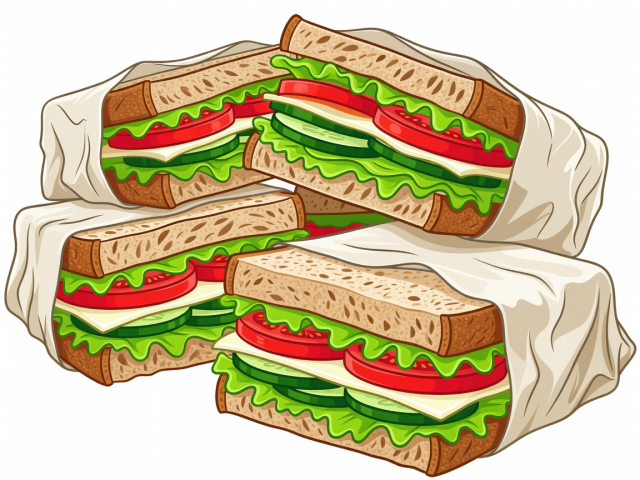 Flat illustration showing recognisable bread, greens, chickpea filling and vegetable layers