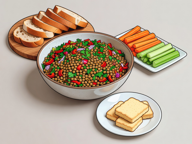 Flat illustration of lentil salad, separate bread, vegetable sticks and shortbread