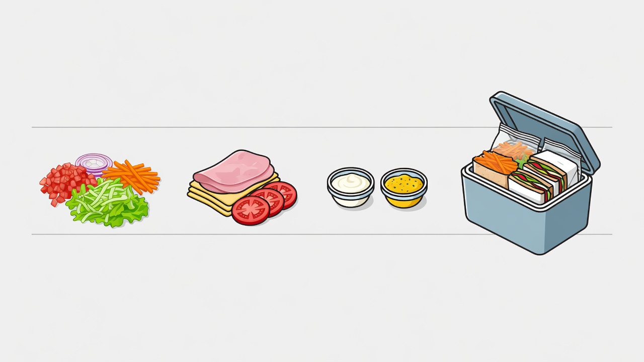 Flat illustration of separate chopped vegetables, sandwich filling, dressing pots and a packed cooler arranged in preparation order