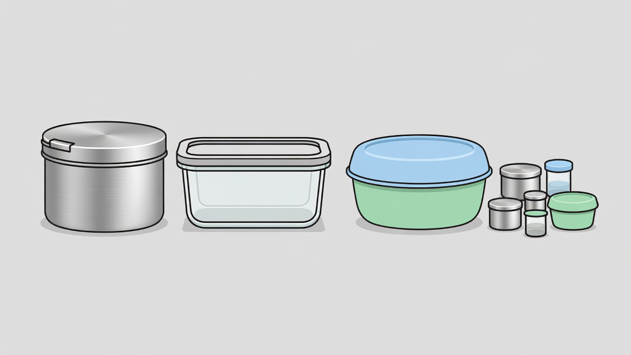 Flat illustration of stainless steel, glass and lightweight reusable food containers with separate dressing pots